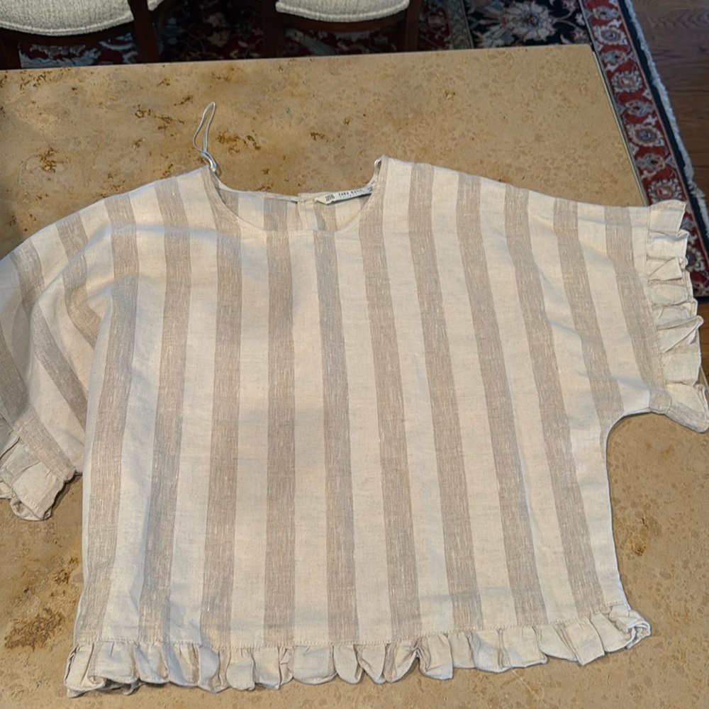 Zara linen stripe short sleeve crop with ruffle detail blouse